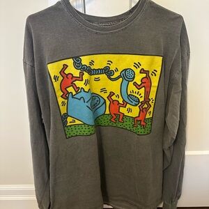 Graphic Long Sleeve Tee with Colorful Phone Art - Gray